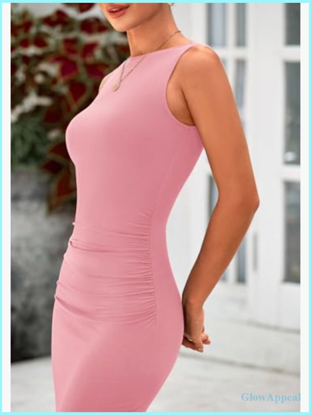 Sleeveless Midi Bodycon Dress with Ruched Detail Back Slit - Picture 5 of 7